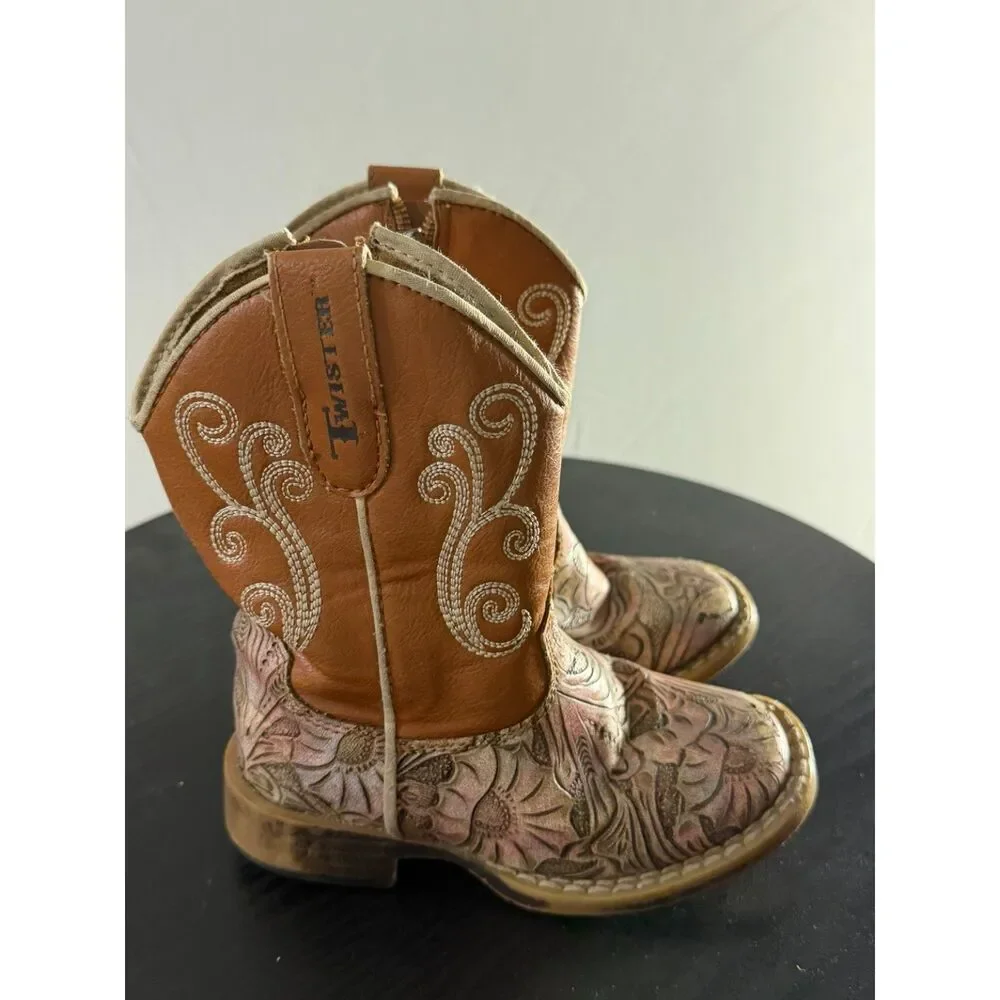 Twister Girls Pink Floral Western Cowboy Boots Brown Embroidered Size 7